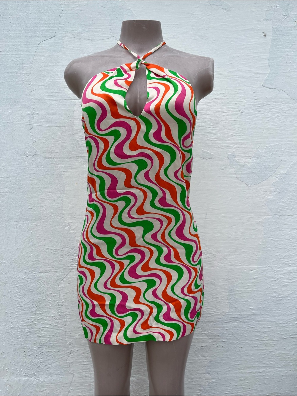 Zara Halter Mini Dress in Pink, Green & Orange Swirl